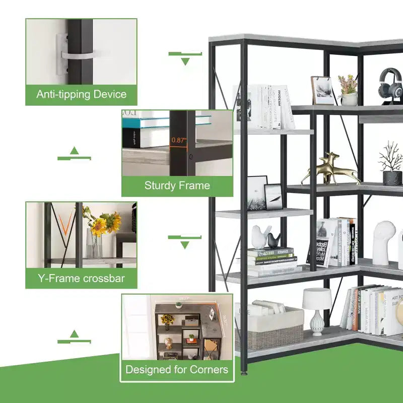 Celebalcony Bibliothèque d'angle à 5 niveaux, étagère en forme de L de 180 cm de haut, étagère d'angle de rangement avec cadre en métal pour salon et bureau à domicile