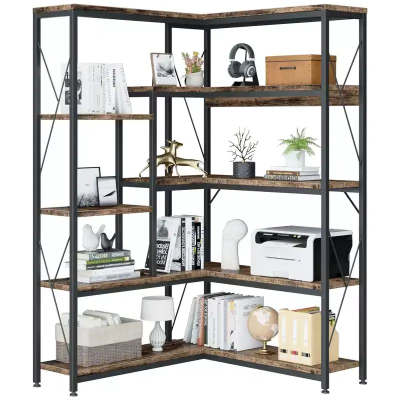 Celebalcony Bibliothèque d'angle à 5 niveaux, étagère en forme de L de 180 cm de haut, étagère d'angle de rangement avec cadre en métal pour salon et bureau à domicile