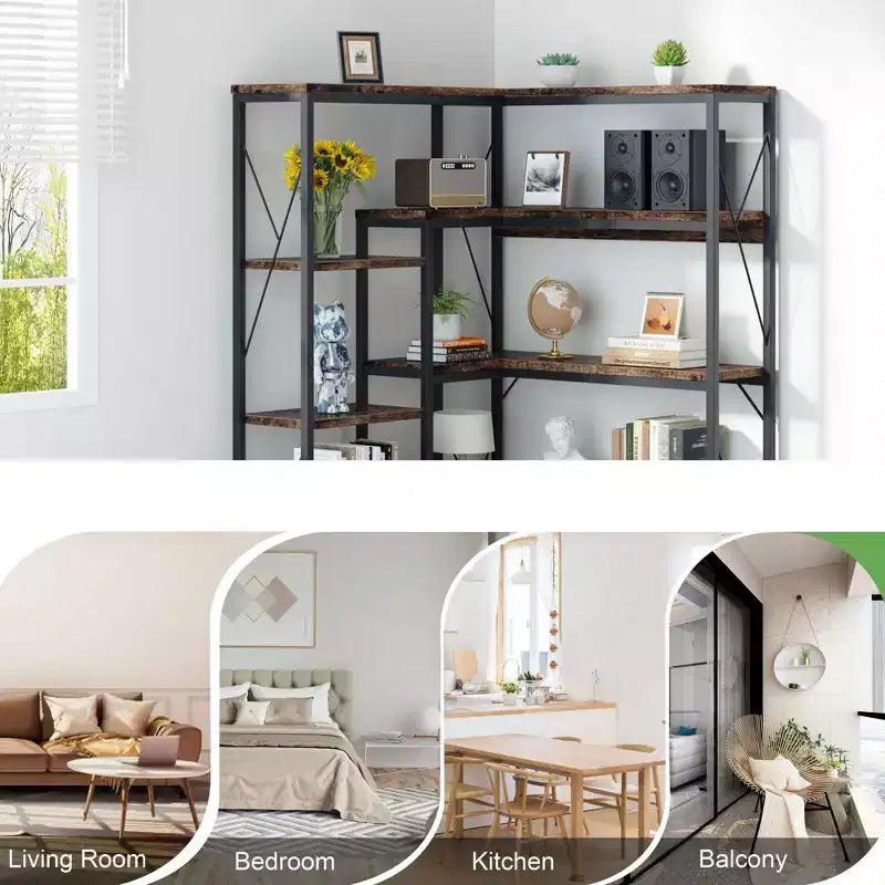 Celebalcony Bibliothèque d'angle à 5 niveaux, étagère en forme de L de 180 cm de haut, étagère d'angle de rangement avec cadre en métal pour salon et bureau à domicile
