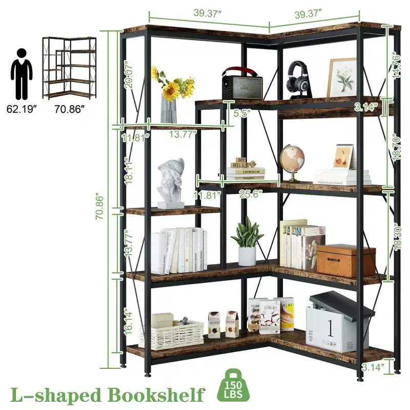 Celebalcony Bibliothèque d'angle à 5 niveaux, étagère en forme de L de 180 cm de haut, étagère d'angle de rangement avec cadre en métal pour salon et bureau à domicile