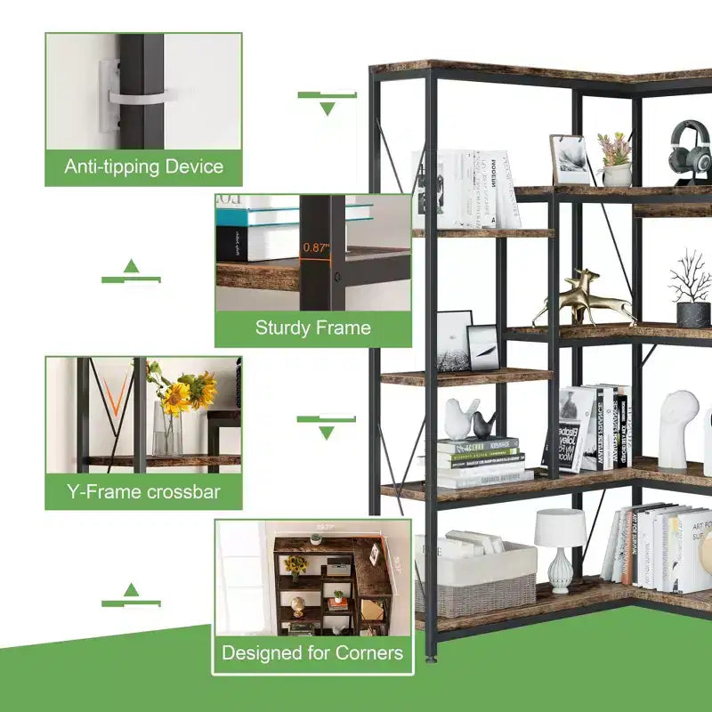 Celebalcony Bibliothèque d'angle à 5 niveaux, étagère en forme de L de 180 cm de haut, étagère d'angle de rangement avec cadre en métal pour salon et bureau à domicile