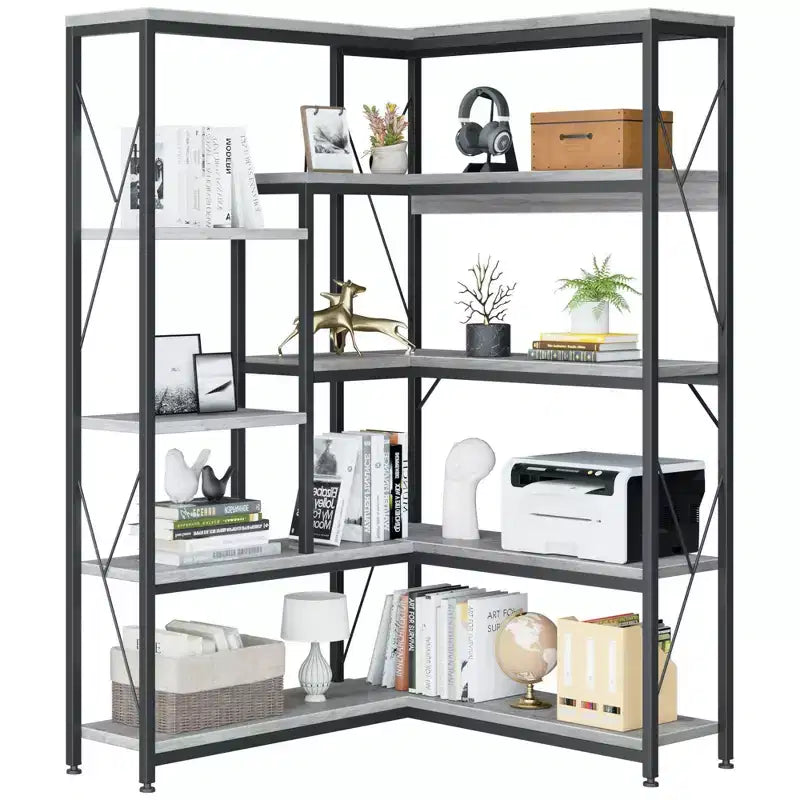 Celebalcony Bibliothèque d'angle à 5 niveaux, étagère en forme de L de 180 cm de haut, étagère d'angle de rangement avec cadre en métal pour salon et bureau à domicile