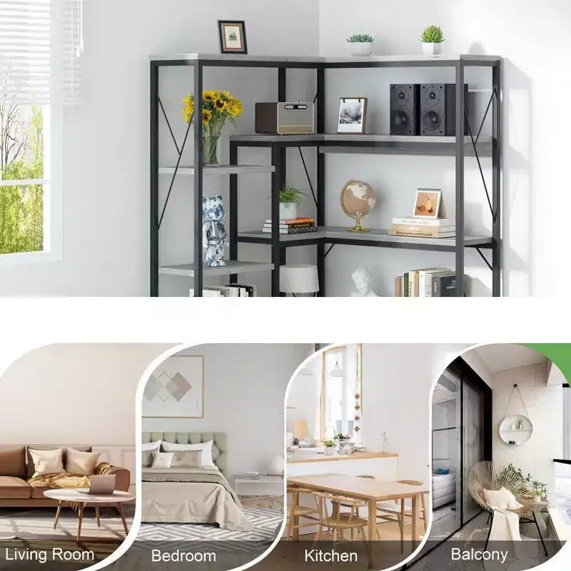 Celebalcony Bibliothèque d'angle à 5 niveaux, étagère en forme de L de 180 cm de haut, étagère d'angle de rangement avec cadre en métal pour salon et bureau à domicile