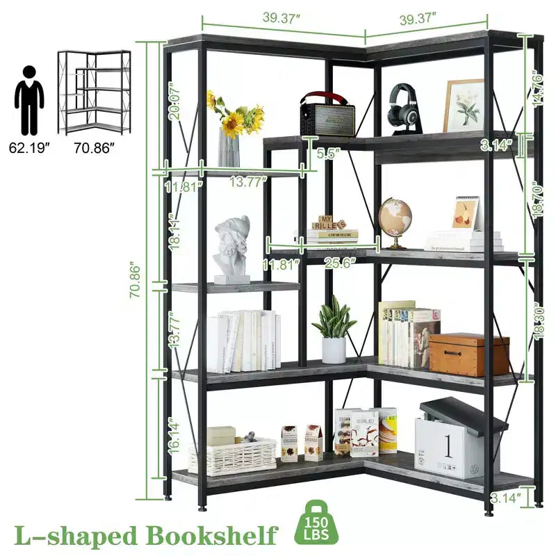 Celebalcony Bibliothèque d'angle à 5 niveaux, étagère en forme de L de 180 cm de haut, étagère d'angle de rangement avec cadre en métal pour salon et bureau à domicile
