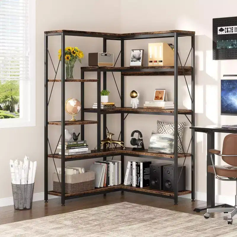 Celebalcony 5 Tiers Corner Bookshelf, 70.86 Tall L-Shaped Bookcase, Corner Shelf Display Storage Rack with Metal Frame for Living Room Home Office