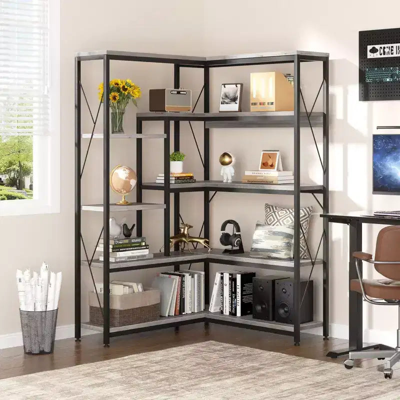 Celebalcony Bibliothèque d'angle à 5 niveaux, étagère en forme de L de 180 cm de haut, étagère d'angle de rangement avec cadre en métal pour salon et bureau à domicile