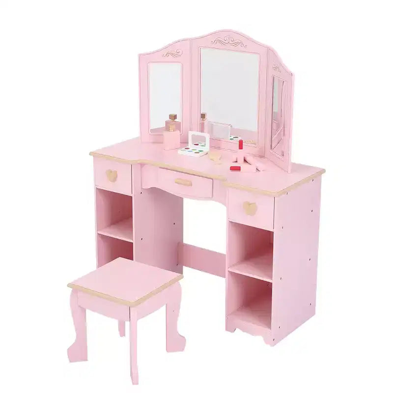 Coiffeuse en bois pour enfants avec 3 tiroirs et miroir, adaptée aux 3-9 ans