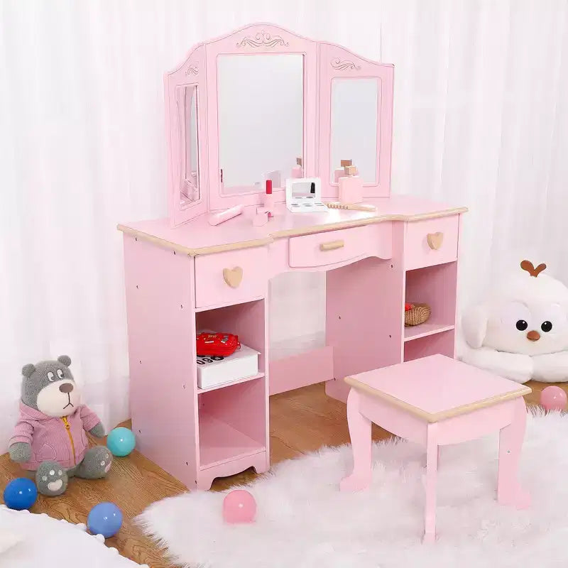 Coiffeuse en bois pour enfants avec 3 tiroirs et miroir, adaptée aux 3-9 ans