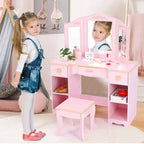 Coiffeuse en bois pour enfants avec 3 tiroirs et miroir, adaptée aux 3-9 ans