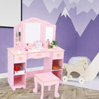 Coiffeuse en bois pour enfants avec 3 tiroirs et miroir, adaptée aux 3-9 ans