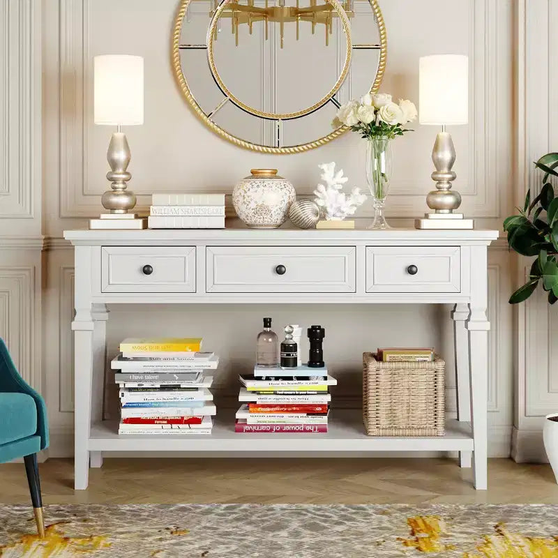 Console vintage avec rangement, Table d'entrée étroite avec tiroirs, Console de couloir de style campagnard avec étagère ouverte