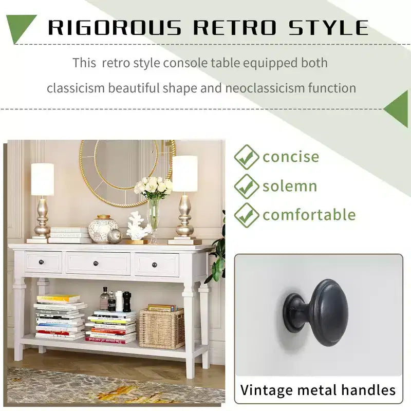 Console vintage avec rangement, Table d'entrée étroite avec tiroirs, Console de couloir de style campagnard avec étagère ouverte