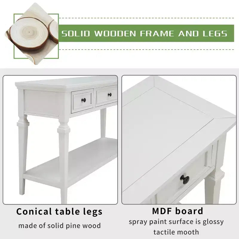 Console vintage avec rangement, Table d'entrée étroite avec tiroirs, Console de couloir de style campagnard avec étagère ouverte