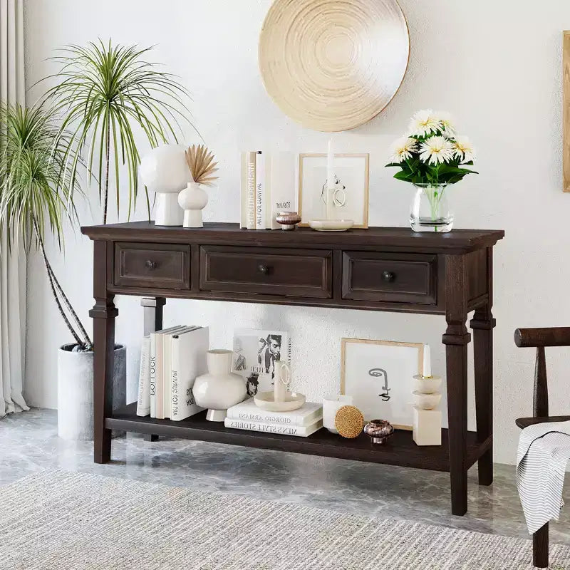 Console vintage avec rangement, Table d'entrée étroite avec tiroirs, Console de couloir de style campagnard avec étagère ouverte