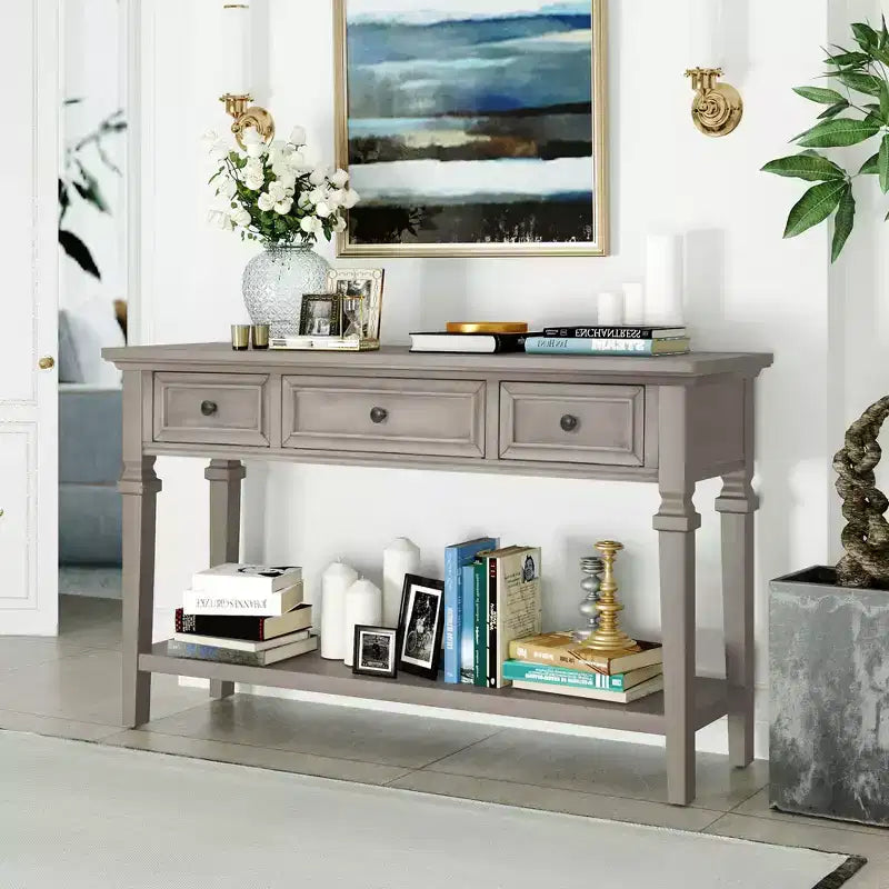 Console vintage avec rangement, Table d'entrée étroite avec tiroirs, Console de couloir de style campagnard avec étagère ouverte