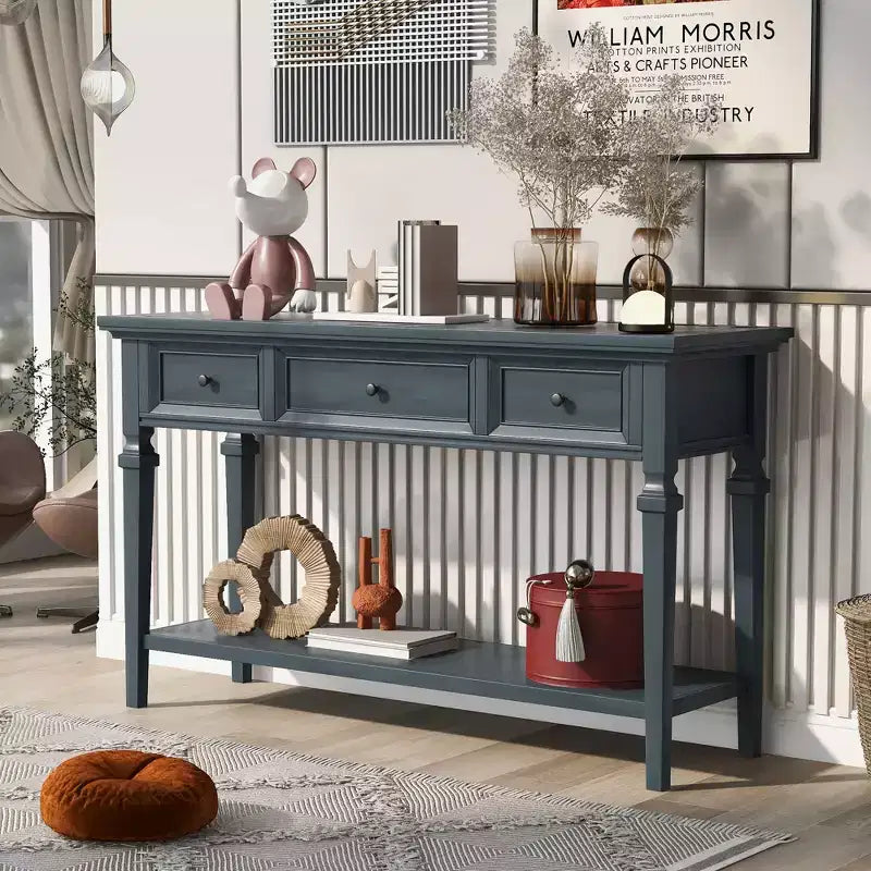Console vintage avec rangement, Table d'entrée étroite avec tiroirs, Console de couloir de style campagnard avec étagère ouverte