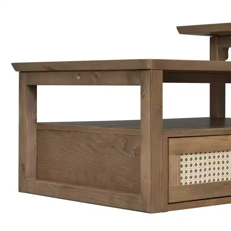 Table basse à 2 niveaux avec tiroir en rotin, table centrale carrée en bois avec étagère de rangement et 2 plateaux pour le salon