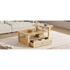 Table basse à 2 niveaux avec tiroir en rotin, table centrale carrée en bois avec étagère de rangement et 2 plateaux pour le salon