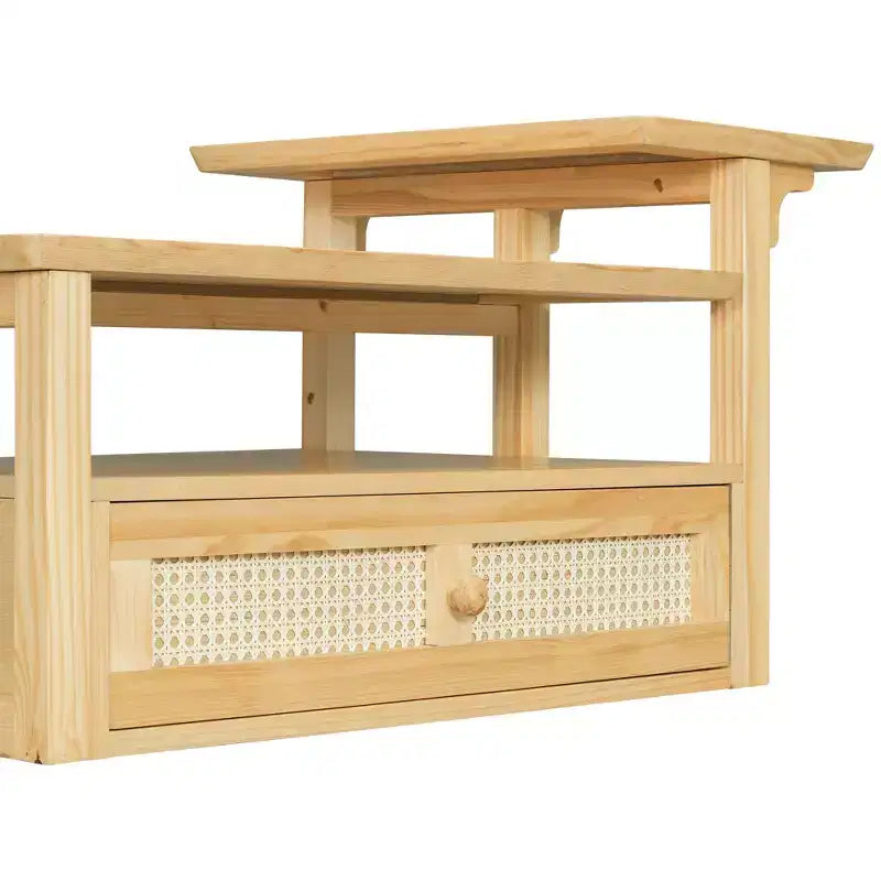 Table basse à 2 niveaux avec tiroir en rotin, table centrale carrée en bois avec étagère de rangement et 2 plateaux pour le salon