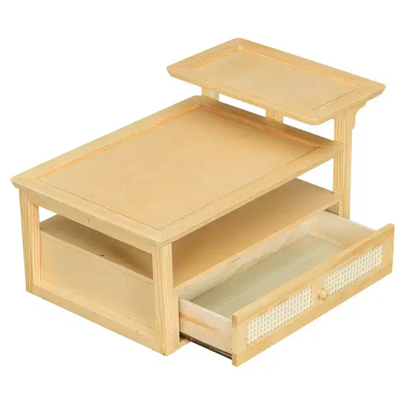 Table basse à 2 niveaux avec tiroir en rotin, table centrale carrée en bois avec étagère de rangement et 2 plateaux pour le salon