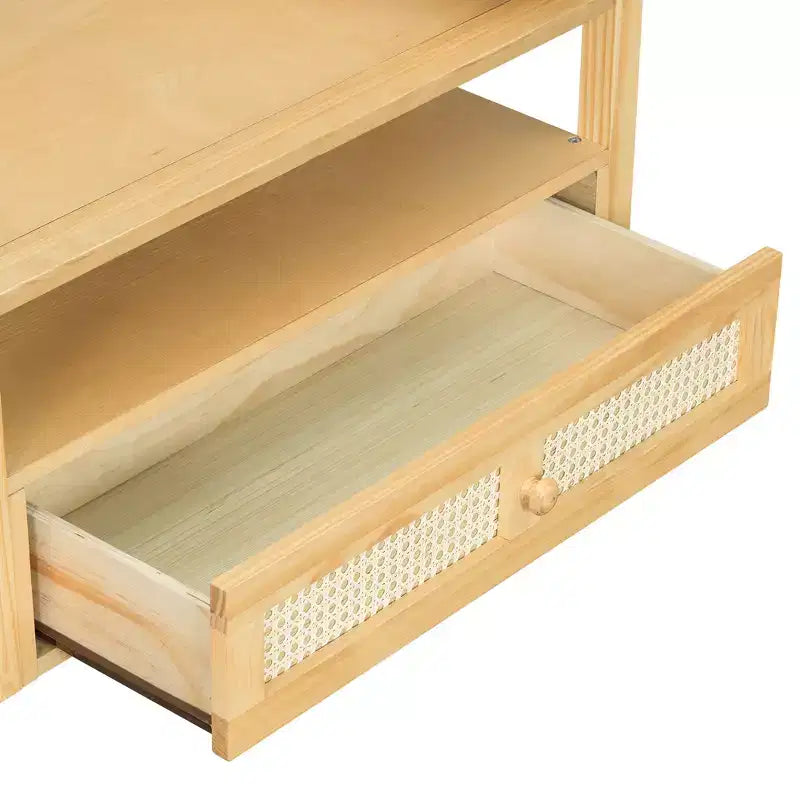 Table basse à 2 niveaux avec tiroir en rotin, table centrale carrée en bois avec étagère de rangement et 2 plateaux pour le salon