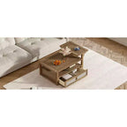 Table basse à 2 niveaux avec tiroir en rotin, table centrale carrée en bois avec étagère de rangement et 2 plateaux pour le salon