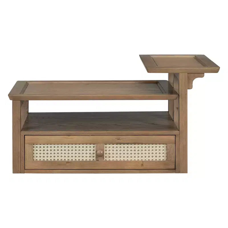 Table basse à 2 niveaux avec tiroir en rotin, table centrale carrée en bois avec étagère de rangement et 2 plateaux pour le salon