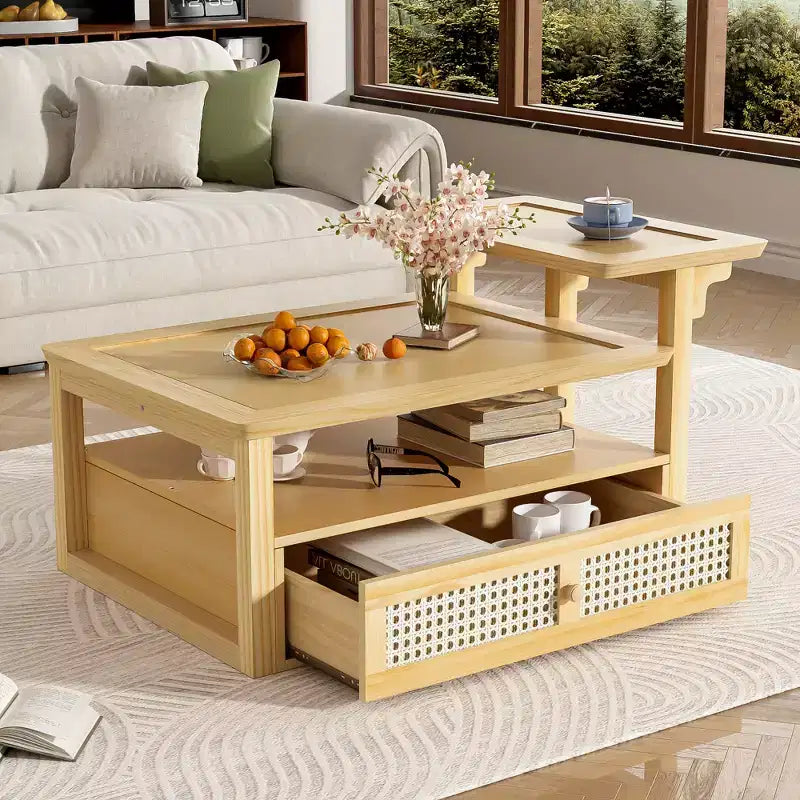 Table basse à 2 niveaux avec tiroir en rotin, table centrale carrée en bois avec étagère de rangement et 2 plateaux pour le salon