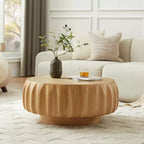 Table basse ronde en bois de 31,5 po, table basse centrale en bois cannelé sculpté de style moderne du milieu du siècle pour salon ou appartement - Panipeachy