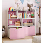 Toys Storage Organizer with Movable Drawers, Kids Bookshelf with Hidden Wheels and 5 Open Cubbies, Multifunctional Floor Storage Chest for Playroom