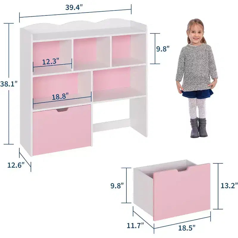 Meuble de rangement pour jouets avec tiroirs amovibles, bibliothèque pour enfants avec roulettes cachées et 5 compartiments ouverts, coffre de rangement multifonctionnel pour salle de jeux