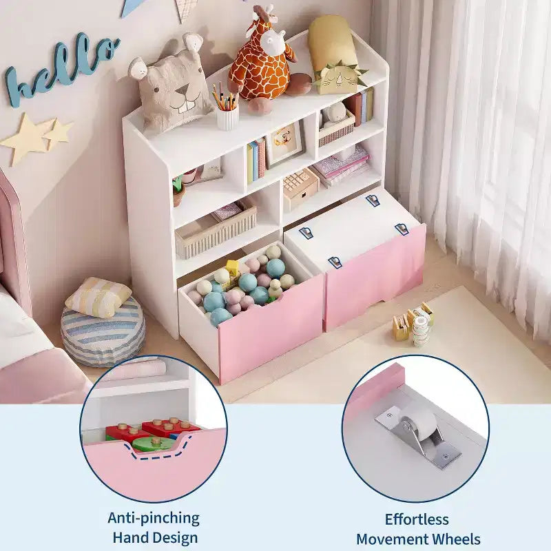Meuble de rangement pour jouets avec tiroirs amovibles, bibliothèque pour enfants avec roulettes cachées et 5 compartiments ouverts, coffre de rangement multifonctionnel pour salle de jeux
