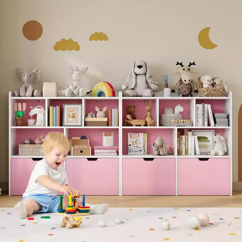 Meuble de rangement pour jouets avec tiroirs amovibles, bibliothèque pour enfants avec roulettes cachées et 5 compartiments ouverts, coffre de rangement multifonctionnel pour salle de jeux