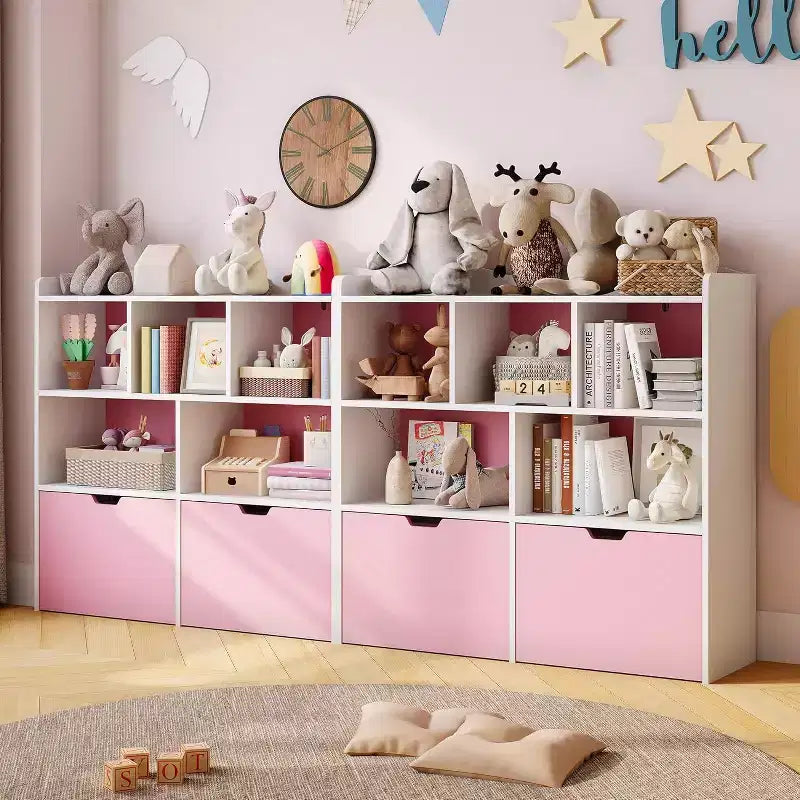 Meuble de rangement pour jouets avec tiroirs amovibles, bibliothèque pour enfants avec roulettes cachées et 5 compartiments ouverts, coffre de rangement multifonctionnel pour salle de jeux
