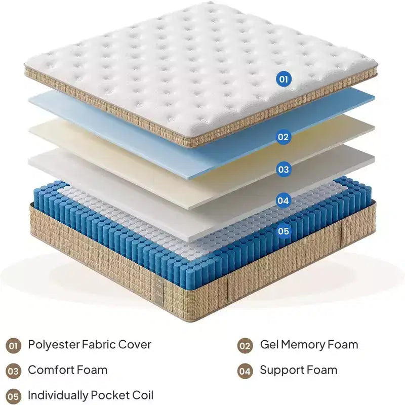 Matelas hybride Whisen 14 Queen, matelas à isolation de mouvement, matelas en mousse à mémoire de forme, ressorts ensachés