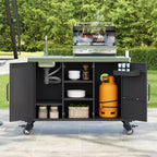 Îlot de cuisine extérieure de 55,5 pouces avec évier en acier inoxydable 304, chariot de barbecue en métal avec 4 roulettes verrouillables