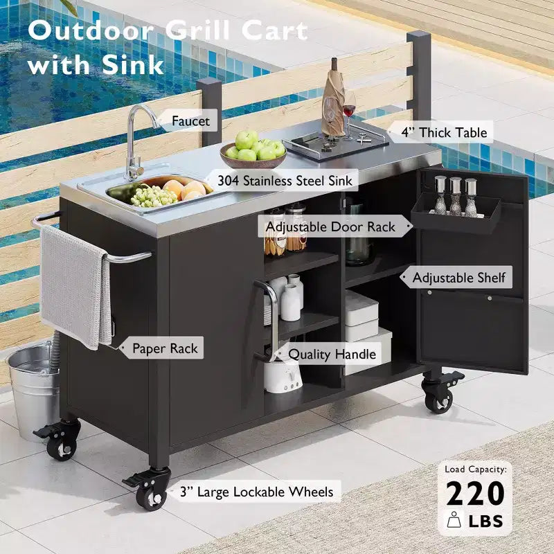 Îlot de cuisine extérieure de 55,5 pouces avec évier en acier inoxydable 304, chariot de barbecue en métal avec 4 roulettes verrouillables