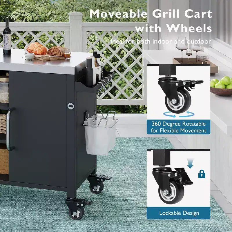 Îlot de cuisine extérieure de 55,5 pouces avec évier en acier inoxydable 304, chariot de barbecue en métal avec 4 roulettes verrouillables