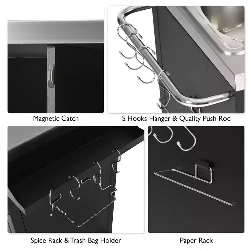 Îlot de cuisine extérieure de 55,5 pouces avec évier en acier inoxydable 304, chariot de barbecue en métal avec 4 roulettes verrouillables