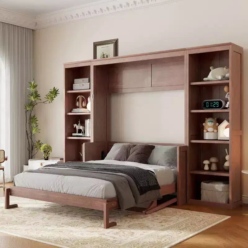 Whisen Full Size Murphy Bed & Bed Frame with Desk and Bookshelf, Space-saving Design