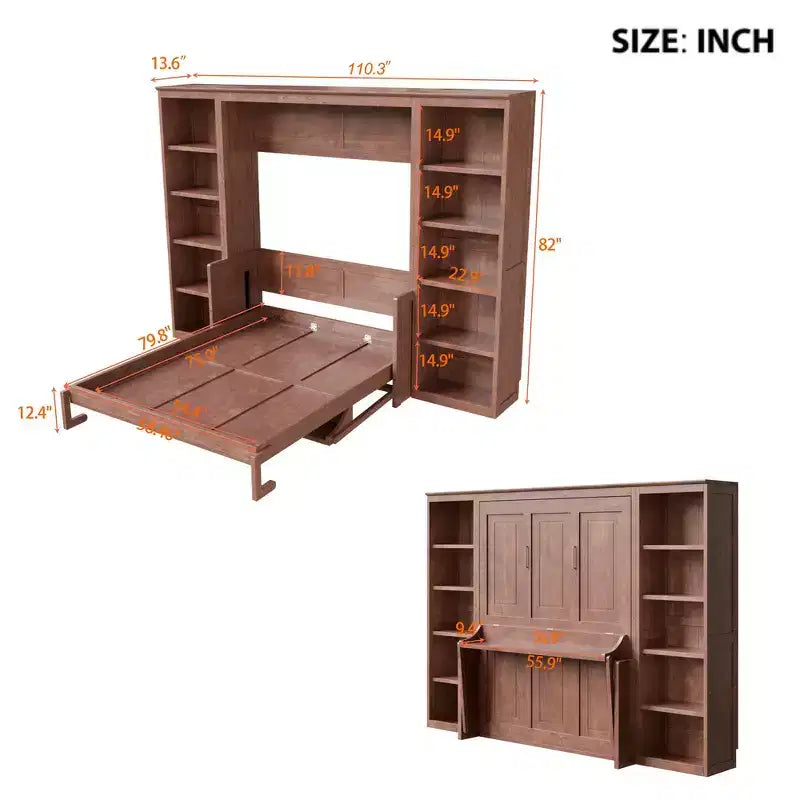 Lit escamotable grand format Whisen avec cadre de lit et bureau-bibliothèque, design compact