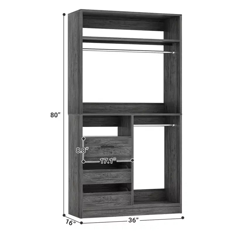 Organisateur de placard Besiost 36 pouces avec tiroirs en bois, système de placard autonome avec tringles de suspension