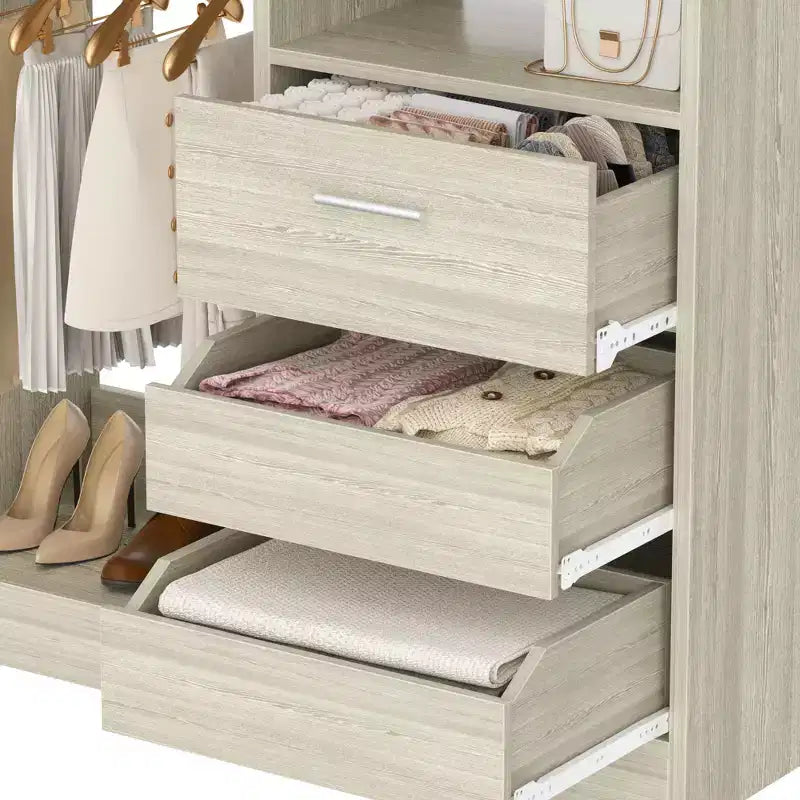 Organisateur de placard Besiost 36 pouces avec tiroirs en bois, système de placard autonome avec tringles de suspension