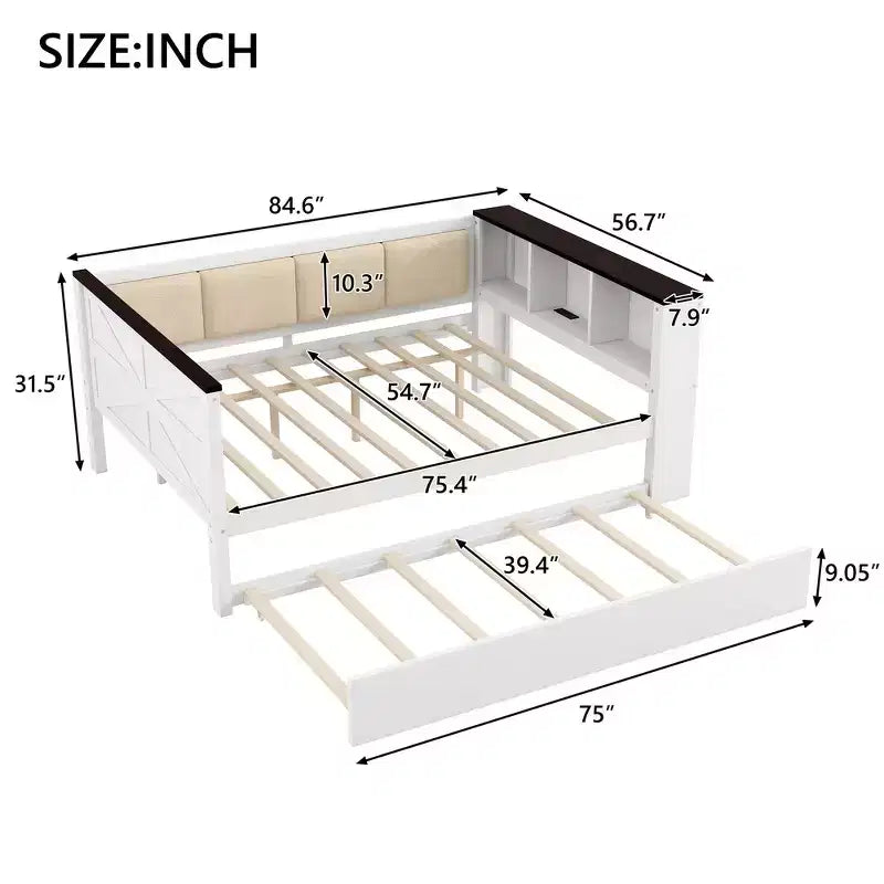 Lit de repos et cadre de lit simple Whisen en bois avec étagères de rangement, dossier rembourré et lit gigogne