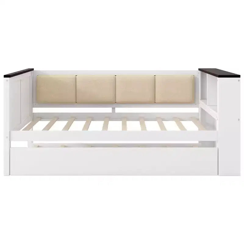 Lit de repos et cadre de lit simple Whisen en bois avec étagères de rangement, dossier rembourré et lit gigogne