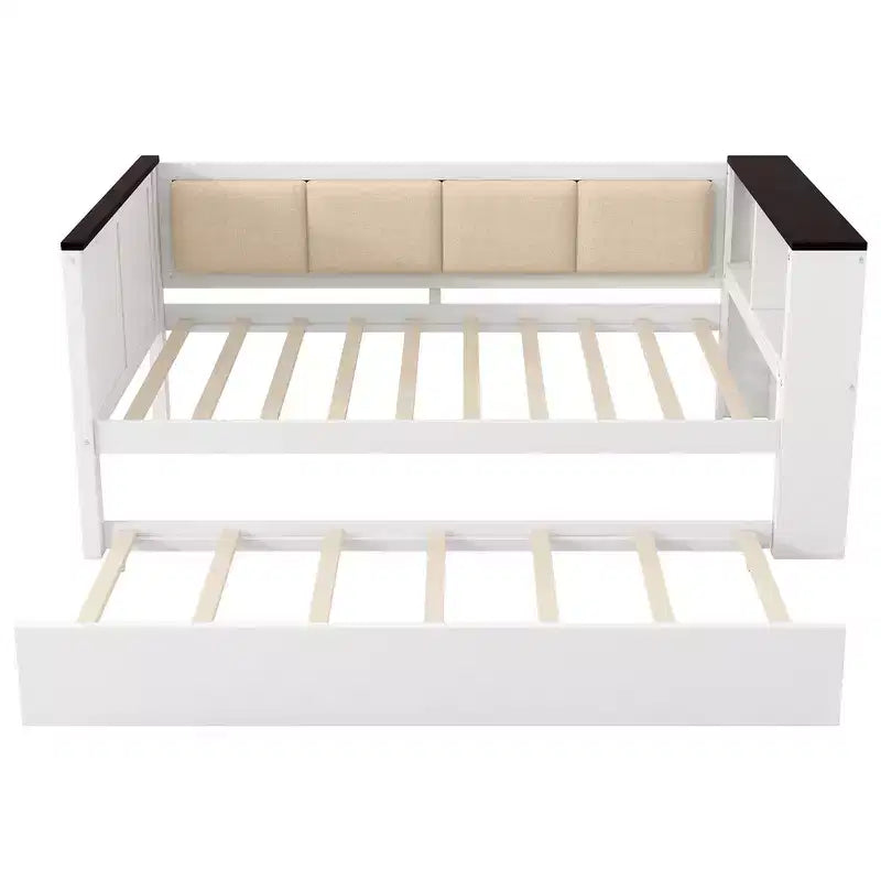 Lit de repos et cadre de lit simple Whisen en bois avec étagères de rangement, dossier rembourré et lit gigogne