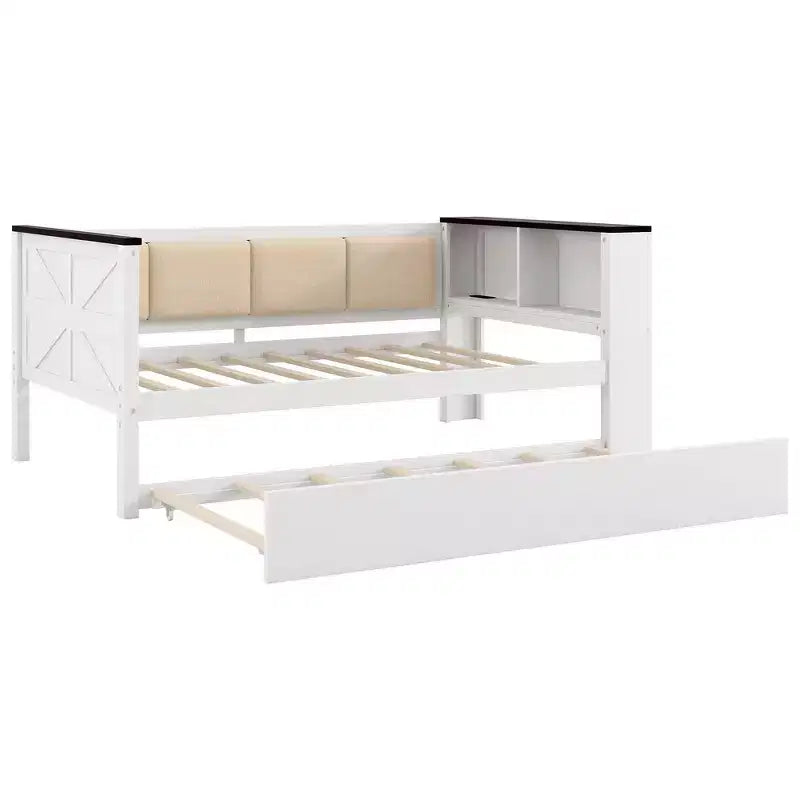 Lit de repos et cadre de lit simple Whisen en bois avec étagères de rangement, dossier rembourré et lit gigogne