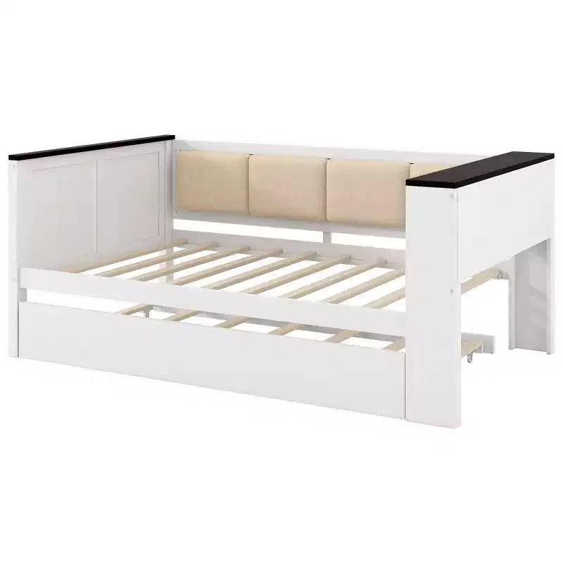 Lit de repos et cadre de lit simple Whisen en bois avec étagères de rangement, dossier rembourré et lit gigogne
