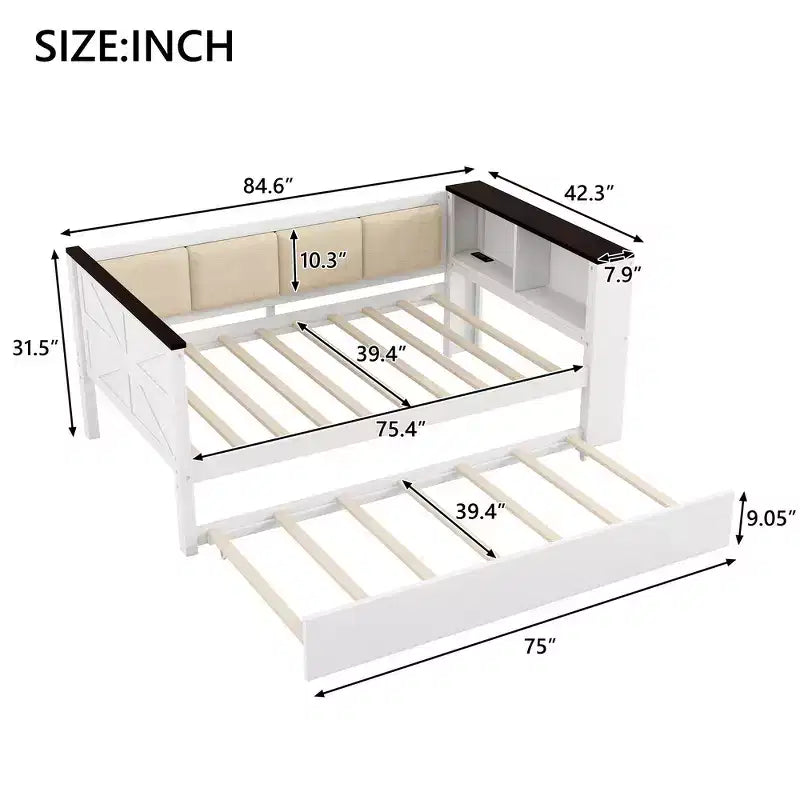 Lit de repos et cadre de lit simple Whisen en bois avec étagères de rangement, dossier rembourré et lit gigogne