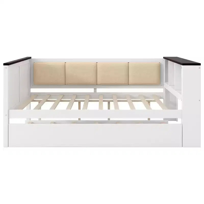 Lit de repos et cadre de lit simple Whisen en bois avec étagères de rangement, dossier rembourré et lit gigogne